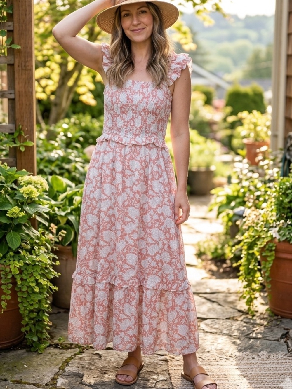 Blu Pepper Ruffled Strap Floral Maxi Dress in Coral and White BNWT